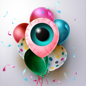 3d render of party balloons and confetti, with one prominent balloon that looks like a red and irritated eyeball.