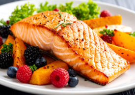 A colourful salad featuring grilled salmon, leafy greens, and berries, highlighting nutrient-rich superfoods known to support dry eye relief.