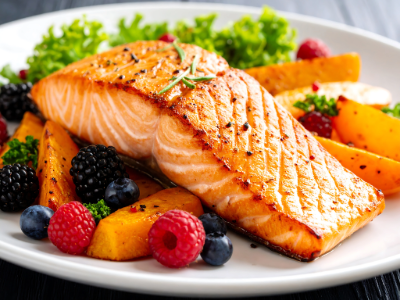 A colourful salad featuring grilled salmon, leafy greens, and berries, highlighting nutrient-rich superfoods known to support dry eye relief.