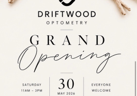 An invitation to the grand opening of Driftwood Optometry on May 30, 2026 from 11am to 3pm at 102-5122 Cordova Bay Road, Victoria, BC.